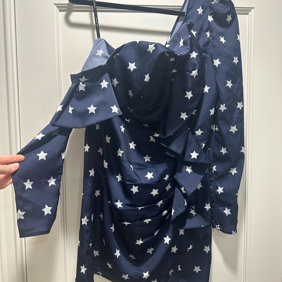 ❌SOLD❌Self Portrait navy white star dress 6 asymmetrical sleeve mini GUC - Picture 2 of 6